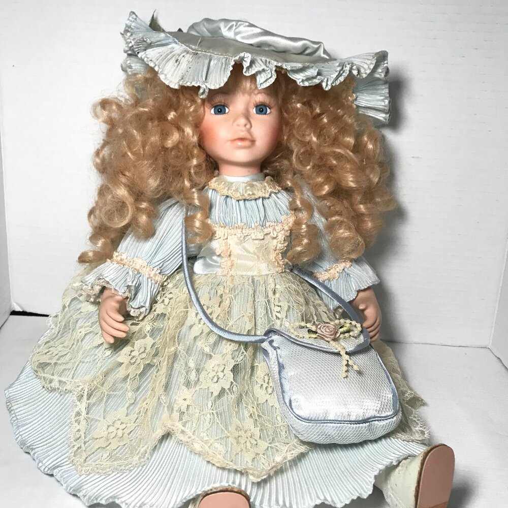 Vintage 90s Blonde Curly Hair Blue Dress with Beige Lace Doll 15 Inches